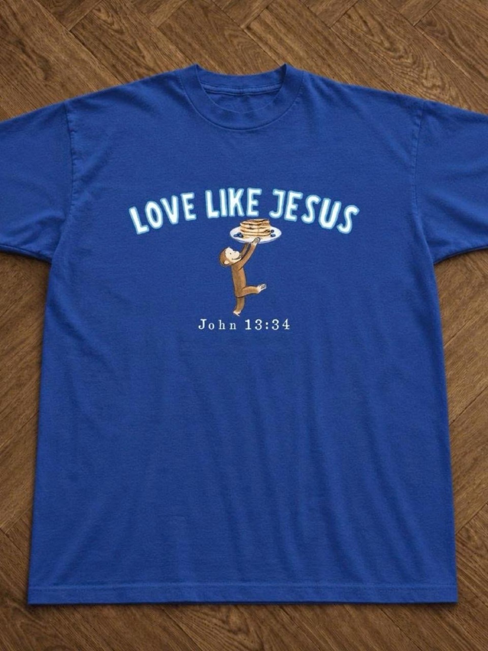 Gildan Royal Blue "Love Like Jesus" Graphic Tee with Monkey Pancake Art